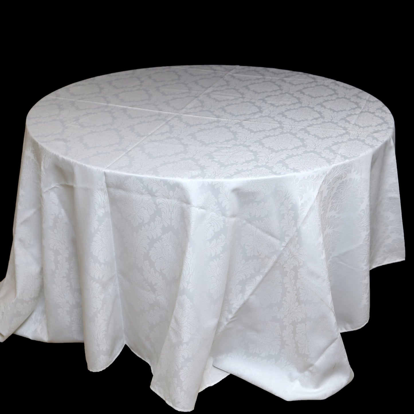 Full view of cotton like white damask tablecloth for wedding events